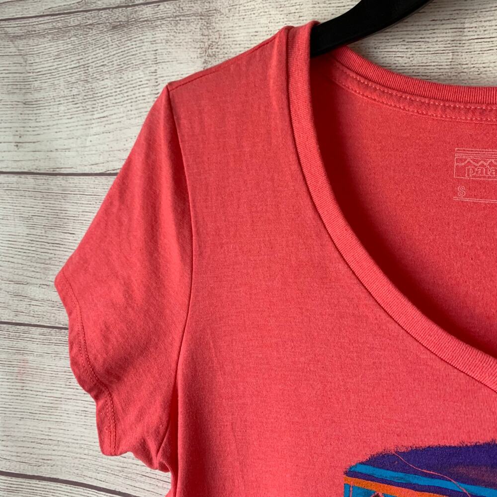 Patagonia Coral V-Neck Tee with Blue and Black Buffalo Graphic - Picture 6 of 10